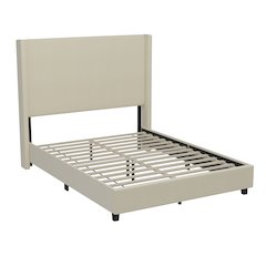 Queen Upholstered Platform Bed with Channel Stitched Wingback Headboard, Beige