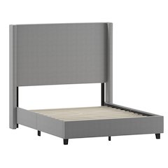 Full Upholstered Platform Bed with Channel Stitched Wingback Headboard, Gray