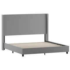 King Upholstered Platform Bed with Channel Stitched Wingback Headboard, Gray