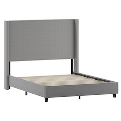 Queen Upholstered Platform Bed with Channel Stitched Wingback Headboard, Gray