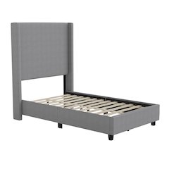 Twin Upholstered Platform Bed with Channel Stitched Wingback Headboard, Gray