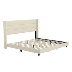 King Upholstered Platform Bed with Wingback Headboard, Beige Faux Linen