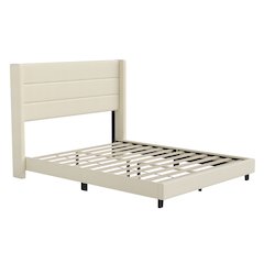 Queen Upholstered Platform Bed with Wingback Headboard, Beige Faux Linen