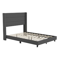 Full Upholstered Platform Bed with Wingback Headboard, Charcoal Faux Linen