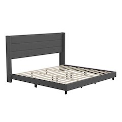 King Upholstered Platform Bed with Wingback Headboard, Charcoal Faux Linen