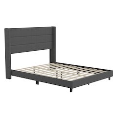 Queen Upholstered Platform Bed with Wingback Headboard, Charcoal Faux Linen