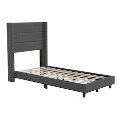 Twin Upholstered Platform Bed with Wingback Headboard, Charcoal Faux Linen
