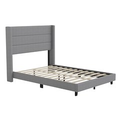 Full Upholstered Platform Bed with Wingback Headboard, Gray Faux Linen