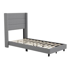 Twin Upholstered Platform Bed with Wingback Headboard, Gray Faux Linen