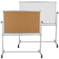Reversible Mobile Cork Bulletin Board and White Board with Pen Tray, 53"W x 59"H