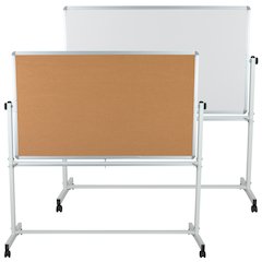 Reversible Mobile Cork Bulletin Board and White Board with Pen Tray, 62.5"W x 62.25"H