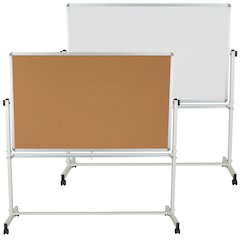 Reversible Mobile Cork Bulletin Board and White Board with Pen Tray, 64.25"W x 64.75"H