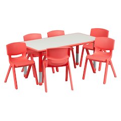 23.625''W x 47.25''L Rectangular Red Plastic Height Adjustable Activity Table Set with 6 Chairs