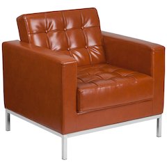 Contemporary Button Tufted Cognac LeatherSoft Chair with Integrated Stainless Steel Frame