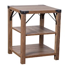 Farmhouse Wooden 3 Tier End Table with Black Metal Corner Accents, Oak