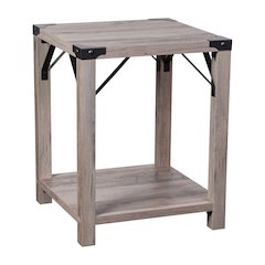 Farmhouse Wooden 2 Tier End Table with Black Metal Corner Accents, Gray Wash
