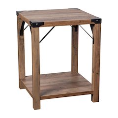 Farmhouse Wooden 2 Tier End Table with Black Metal Corner Accents, Oak