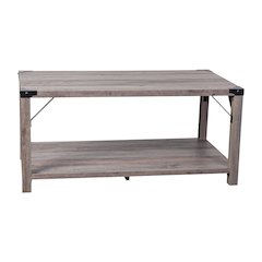 Farmhouse Wooden 2 Tier Coffee Table with Black Metal Corner Accents, Gray Wash