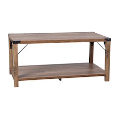 Farmhouse Wooden 2 Tier Coffee Table with Black Metal Corner Accents, Oak