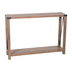 Farmhouse Wooden 2 Tier Console Entry Table with Black Metal Corner Accents, Oak