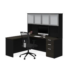 72W L-Shaped Desk with Pedestal and Frosted Glass Doors Hutch