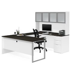 72W U-Shaped Executive Desk with Pedestal and Frosted Glass Doors Hutch