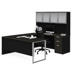 72W U-Shaped Executive Desk with Pedestal and Frosted Glass Doors Hutch