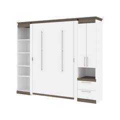 Full Murphy Bed with Storage Cabinet and Shelves (100W) in White and Walnut Grey