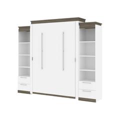Queen Murphy Bed with Shelves and Drawers (106W) in White and Walnut Grey