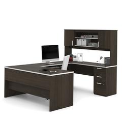 65W U-Shaped Desk with Hutch, Lateral File Cabinet, and Bookcase
