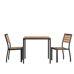 3 Piece Patio Table Set - Synthetic Teak Poly Slats - 35" Square Steel Framed Table with 2 Stackable Faux Teak Chairs