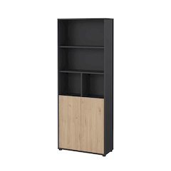 Gray 6-Shelf Bookshelf with 2 Doors for Office, Bedroom, or Living Room