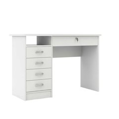 Elegant White Computer Desk Featuring Five Drawers and Open Shelf Design