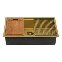 33in Polished Brass Matte Gold Workstation Undermount Kitchen Sink Single Bowl