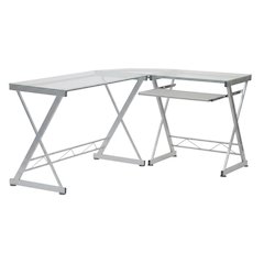 L-Shaped Clear Glass Top Computer Desk, Pull-Out Keyboard Shelf And Cpu Caddy