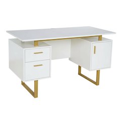 White And Gold Office Desk With Drawers And Storage Compartments