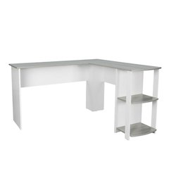 Modern Grey L-Shaped Desk with Side Shelves for Home Office Workspace