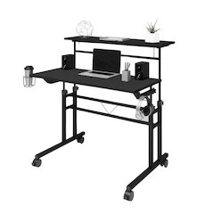 Black Adjustable Desk with Wheels, Computer and Office Table with Storage
