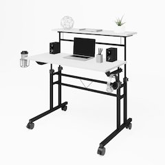 White Adjustable Desk with Wheels, Computer and Office Table with Storage