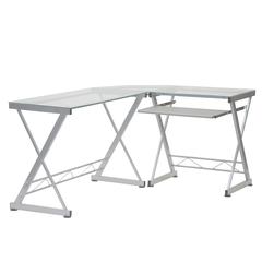 L-Shaped Tempered Glass Top Computer Desk With Pull Out Keybaord Panel. Color: Clear