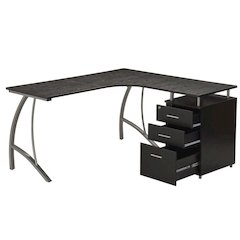 Brown L Shaped Desk With 3 Drawers, Steel Frame Corner Computer Desk
