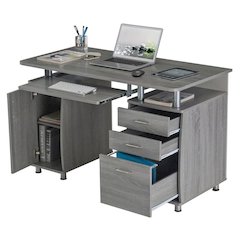 Gray Home Office Desk with Storage 2 Drawers, Keyboard Shelf, 2 Cabinets