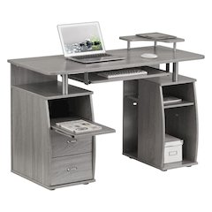 Gray Office Desk with Storage, Writing Wood Desk with 2 Drawers, Shelves