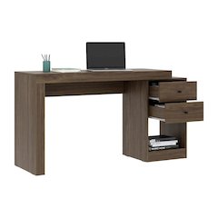Brown Desk with Storage, Office Desk with 2 Drawers, 1 Shelf, Expandable Top