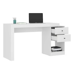 White Desk with Storage, Office Desk with 2 Drawers, 1 Shelf, Expandable Top
