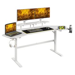 White Gaming Desk with Wheels, Adjustable PC Desk Table for Gamers