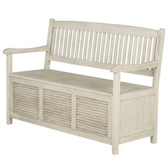 Outdoor Storage Bench In Distressed White, Galvanized Steel Frame, Metal Casters
