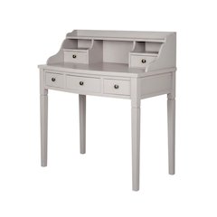 Quartz Grey Wood 5-Drawer Writing Desk With Storage Shelves And Brass Accents