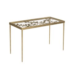 Modern Glass Top Office Desk With Metal Frame And Antique Gold Finish