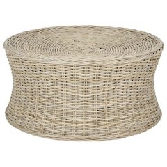 Round Rattan Coffee Table Ottoman with Mango Wood Frame